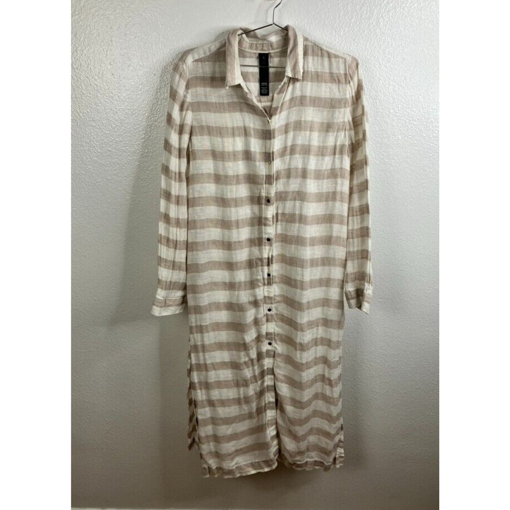 Chicos 100% Linen Stripe Shirt Duster Cardigan Size 2/L Beige Minimalist Beach